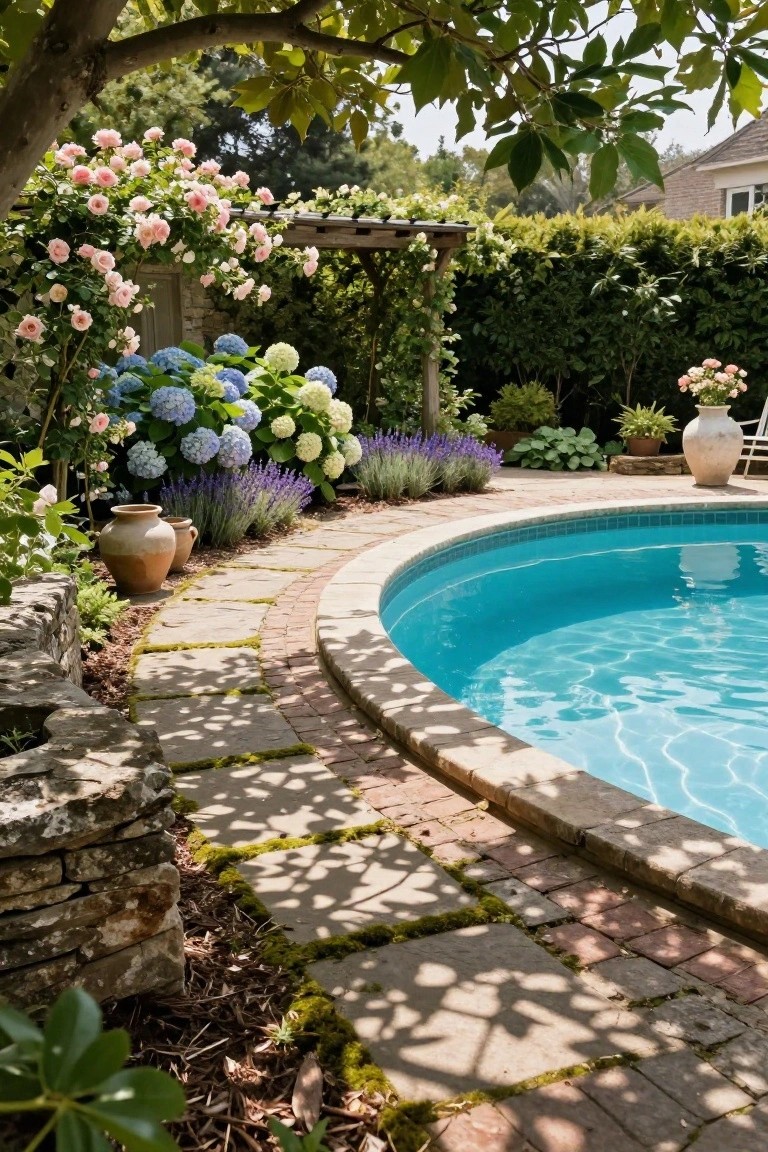 Curved blue swimming pool edged with moss-covered stone path and brick border, surrounded by pink climbing roses on wooden arbor, blue hydrangeas, purple lavender, terracotta pots, stone wall, and overhanging tree branches.