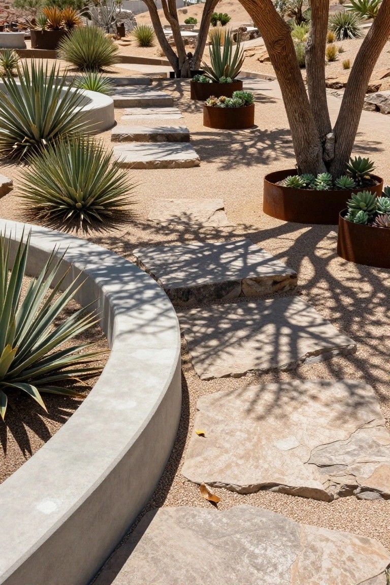Curved white concrete wall edged with agave plants beside a gravel path with irregular stone slab steps, rust metal planters holding succulents, and shadows from a large tree overhead in a desert landscape.