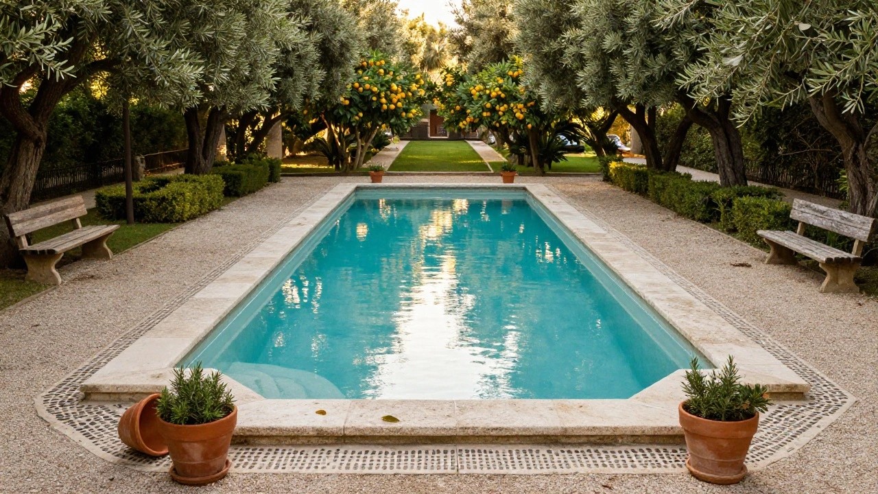 Turquoise pool with travertine edging and pebble borders, flanked by potted rosemary plants, a rustic wooden bench, terracotta pots, and overhanging olive trees with fruit amid lemon trees and garden hedges.