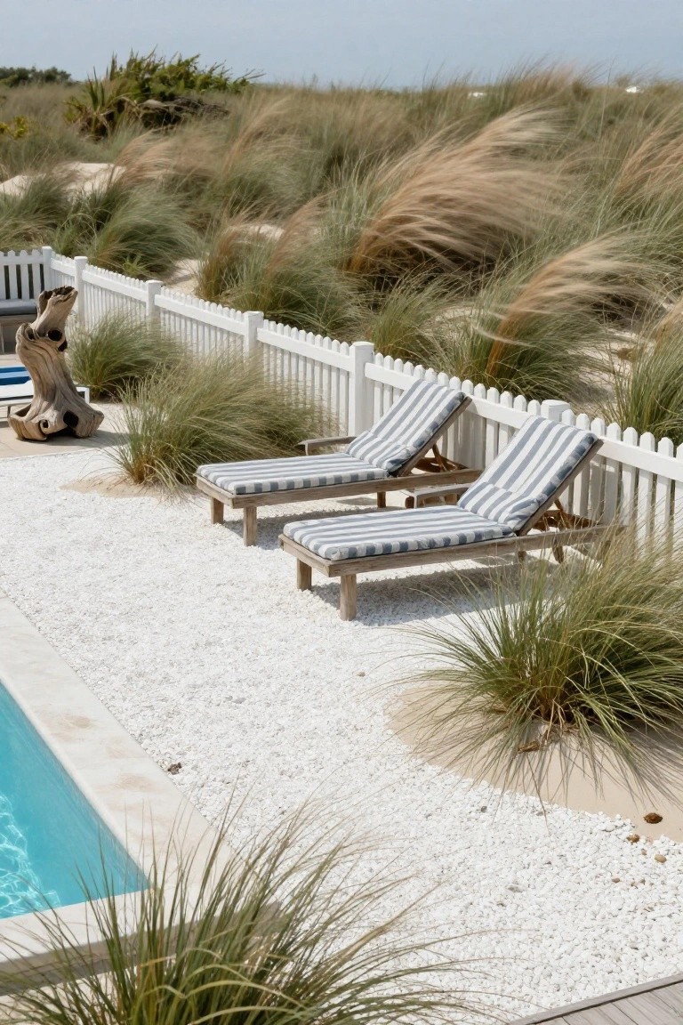 Turquoise pool with white pebble edging and gravel patio holding two striped lounge chairs, surrounded by tall beach grasses, white picket fence, and driftwood sculpture near dunes.