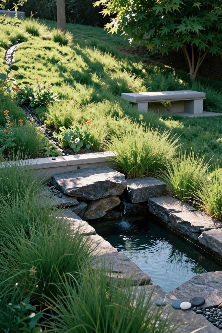 Narrow rectangular pool with dark water and a small waterfall, lined by dark stone blocks and surrounded by tall green grasses on a sloped landscape, with a concrete bench uphill and trees nearby.
