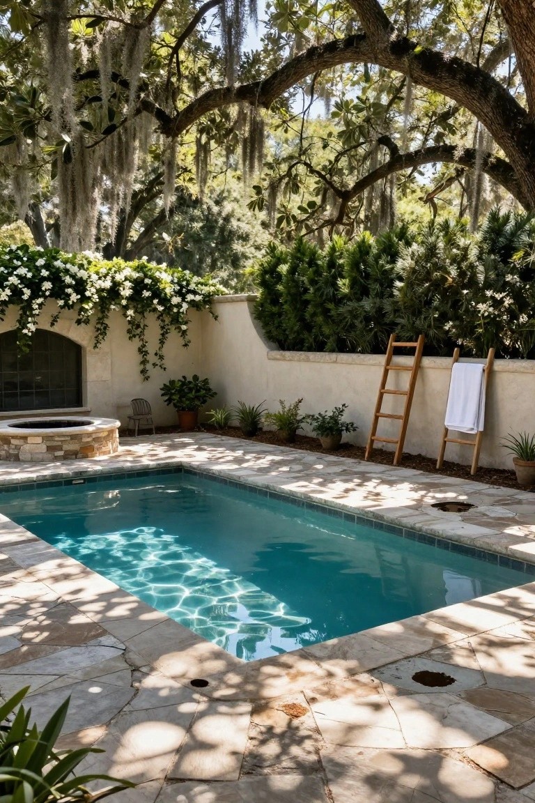 Small turquoise pool surrounded by stone pavers and plants, shaded by overhanging trees draped in Spanish moss, with a wood ladder holding towels against a white stucco wall and a stone fire pit nearby.