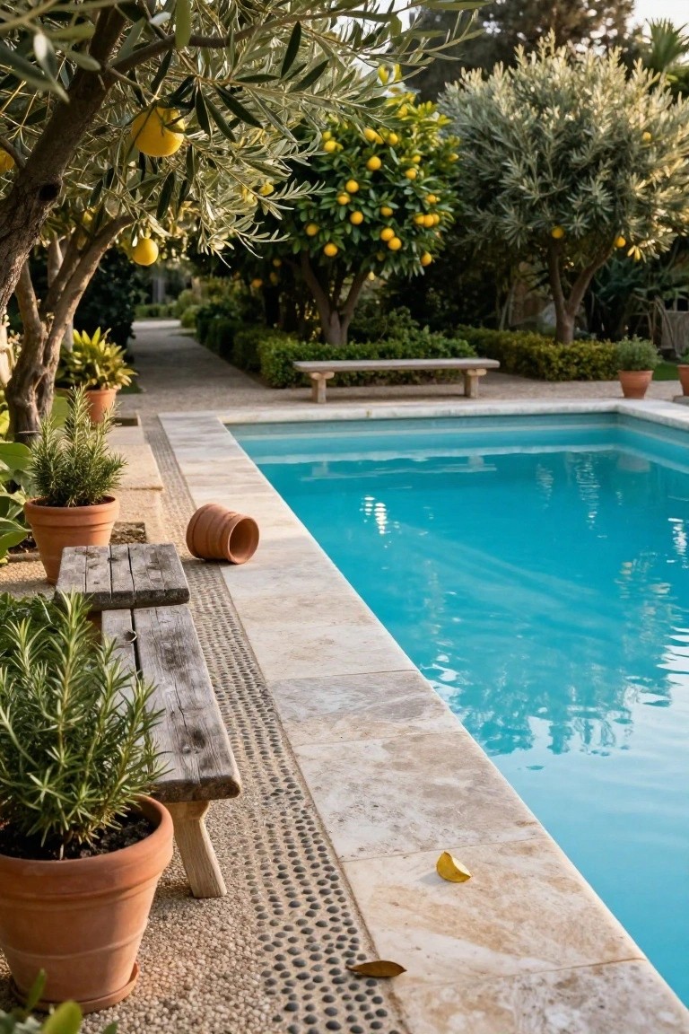 Turquoise pool with travertine edging and pebble borders, flanked by potted rosemary plants, a rustic wooden bench, terracotta pots, and overhanging olive trees with fruit amid lemon trees and garden hedges.
