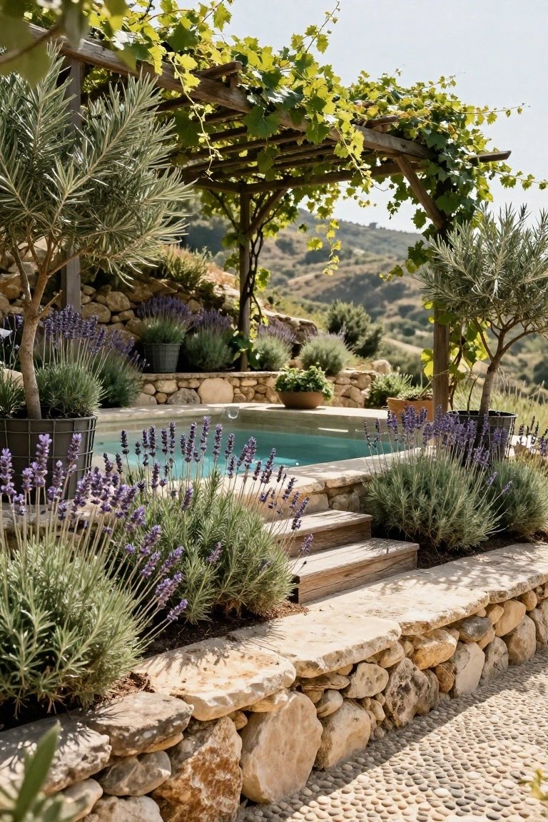 Small turquoise plunge pool edged in stone and surrounded by lavender plants in pots and beds, shaded by a wooden pergola covered in green grapevines, with olive trees and rocky hillside in the background.