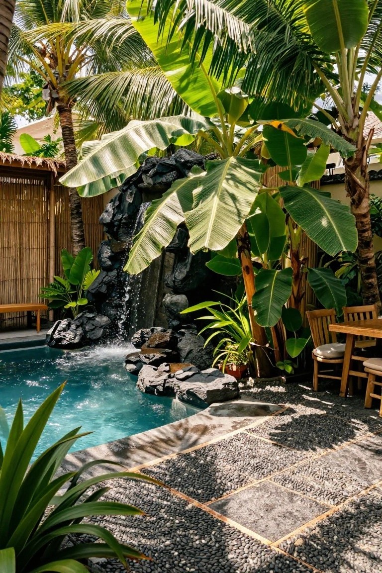 A turquoise pool with a cascading rock waterfall at one end, surrounded by lush green banana plants, palm trees, ferns, and wooden outdoor furniture on pebble stone paving.
