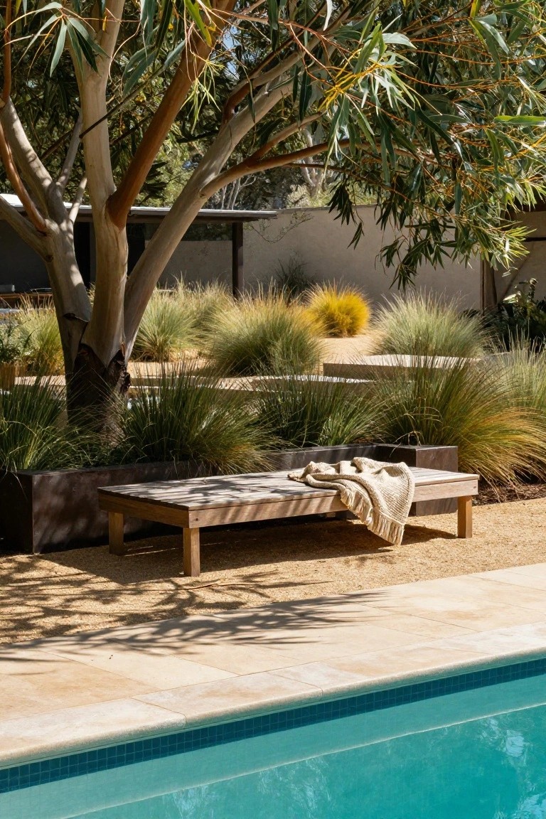 Wooden bench with beige blanket under tall eucalyptus trees next to a turquoise pool edged in tile, surrounded by grasses, gravel, and stone planters.