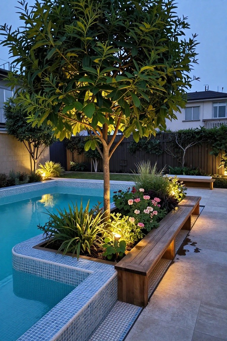 Turquoise pool at dusk with curved tiled edge, raised planter box containing a tree trunk, lush plants, pink flowers, wooden bench, garden lights, and surrounding greenery and fence.