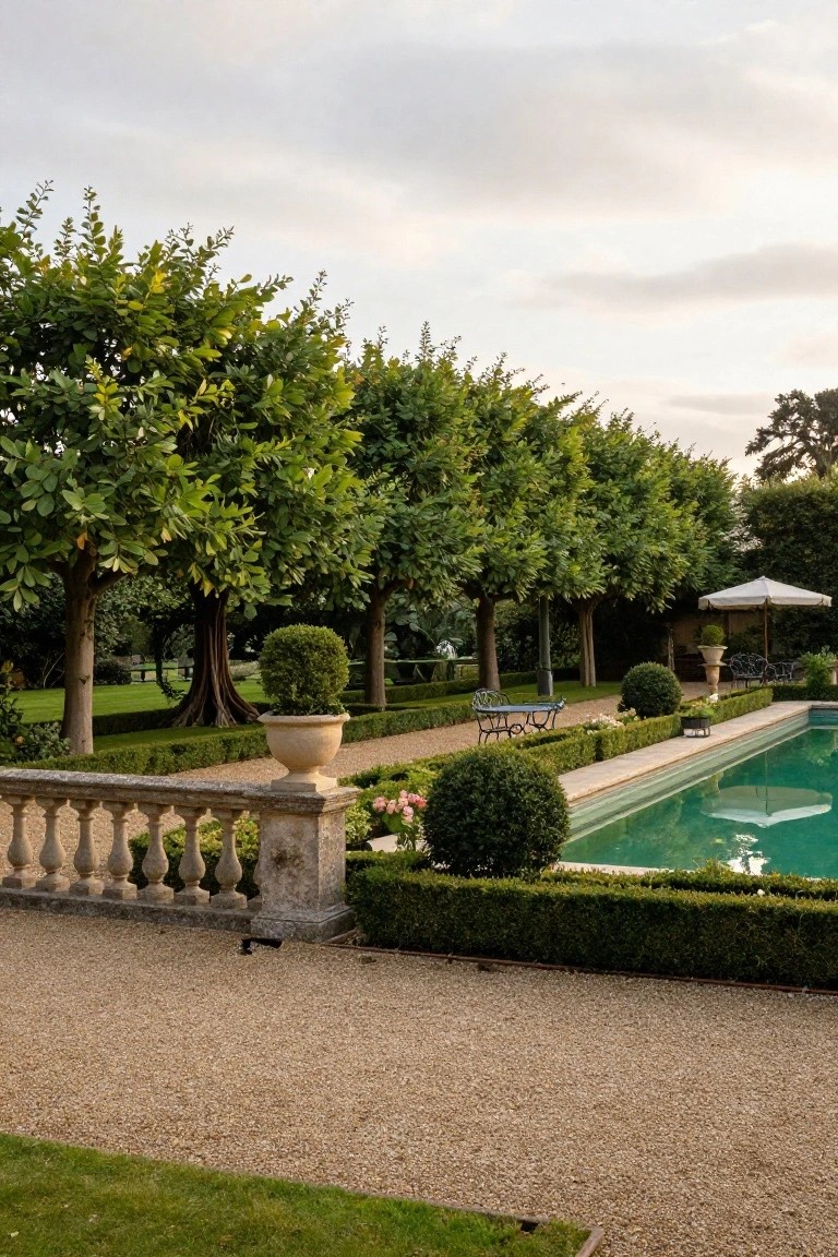 Rectangular turquoise pool edged by a row of tall green trees on one side, stone balustrade, gravel path, boxwood hedges, potted plants, iron chairs, and white umbrella.
