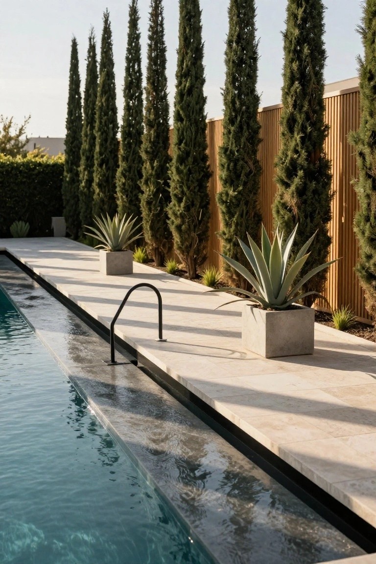 Narrow swimming pool with light stone decking along one side, black metal handrail, concrete pots containing agave plants, and tall cypress trees lining a vertical wooden fence in the background.