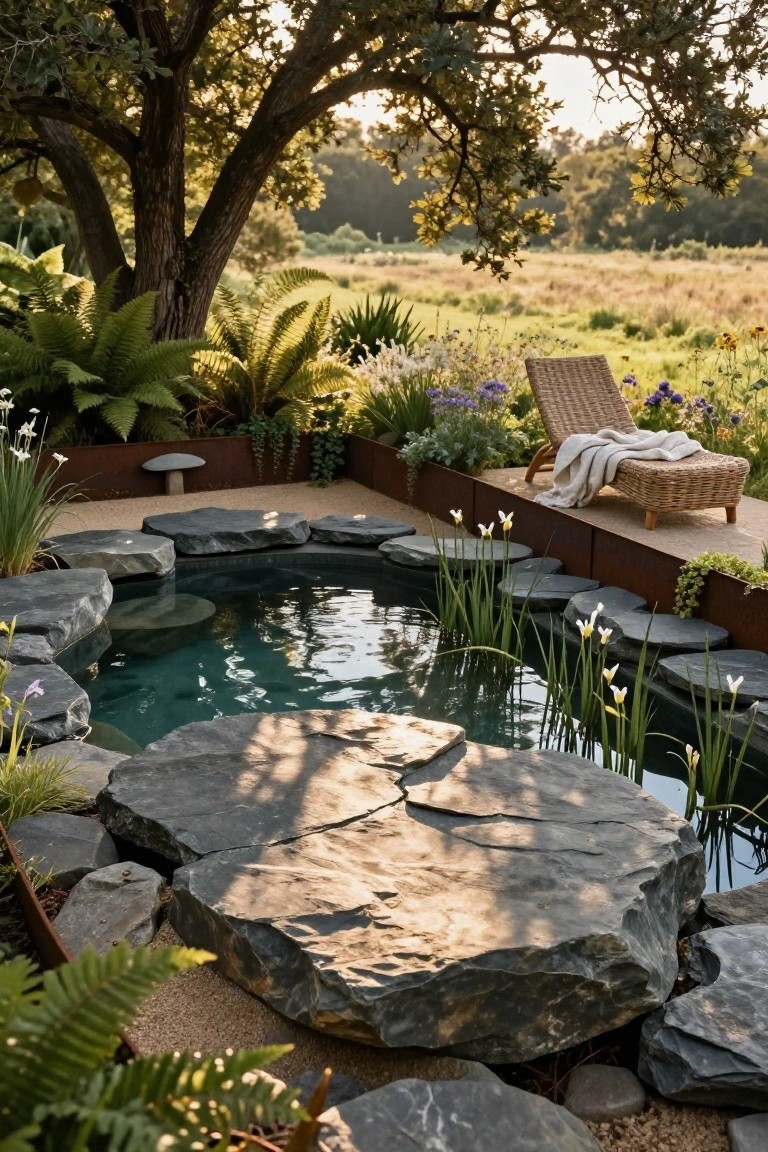 A small natural pool with dark stone edging and large boulders, filled with turquoise water and surrounded by ferns, reeds, and flowers, under the overhanging branches of a large oak tree, next to a wicker lounger chair on a deck with metal edging.