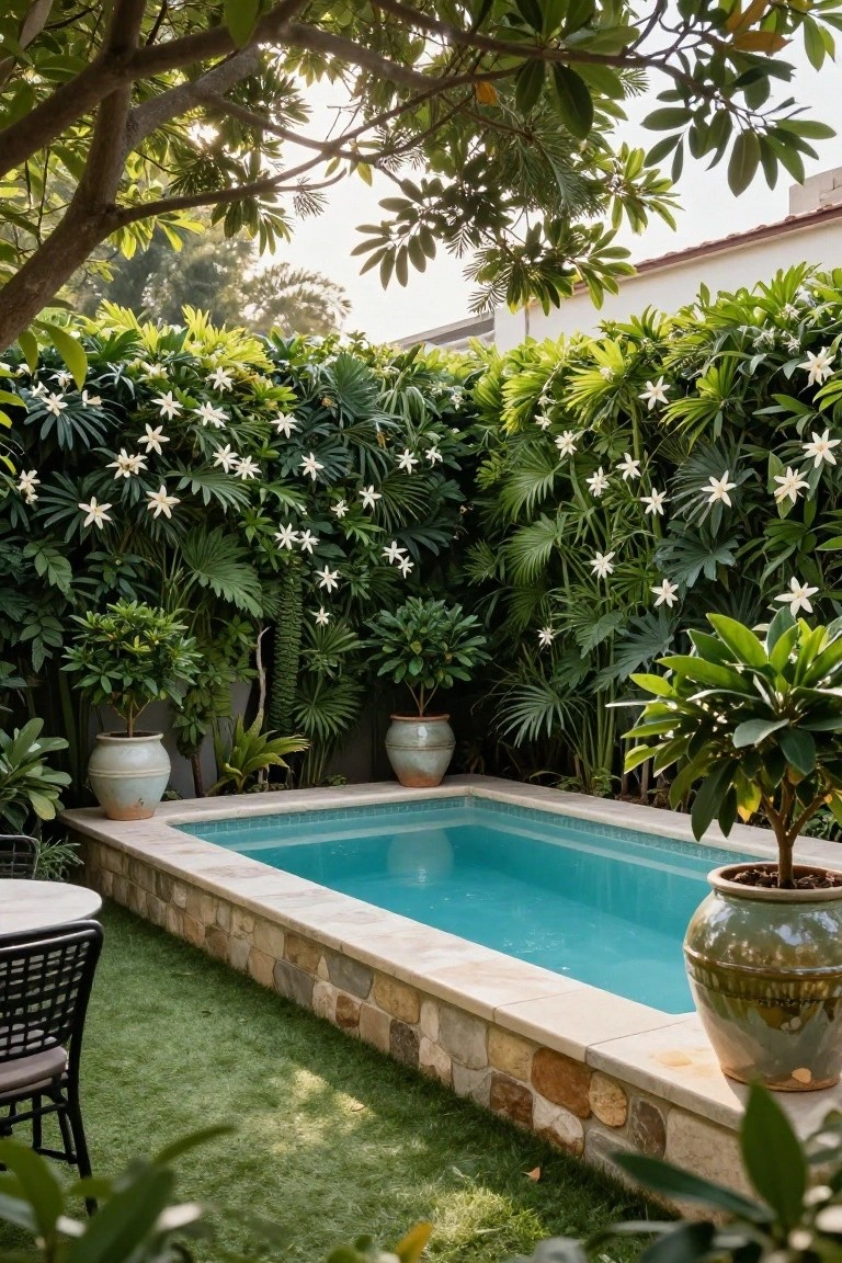 Small turquoise pool with stone edging in a lush garden surrounded by tall green palms, leafy shrubs with white star-shaped flowers, potted plants, grass lawn, and a metal table with chairs nearby.