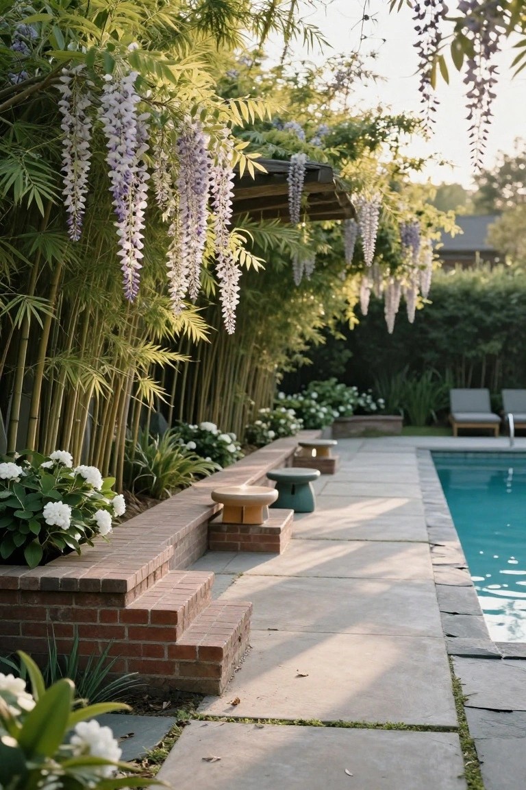 Turquoise pool with brick steps and wooden stools at the edge, shaded by white and purple wisteria vines hanging from a pergola structure, backed by tall bamboo and white hydrangea plantings.