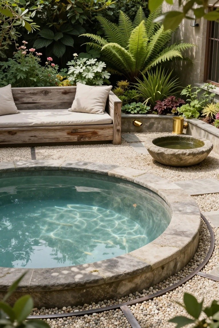 Small circular plunge pool with turquoise water and stone edging in a pebbled outdoor patio, adjacent to a wooden bench with cushions amid lush green plants and ferns.