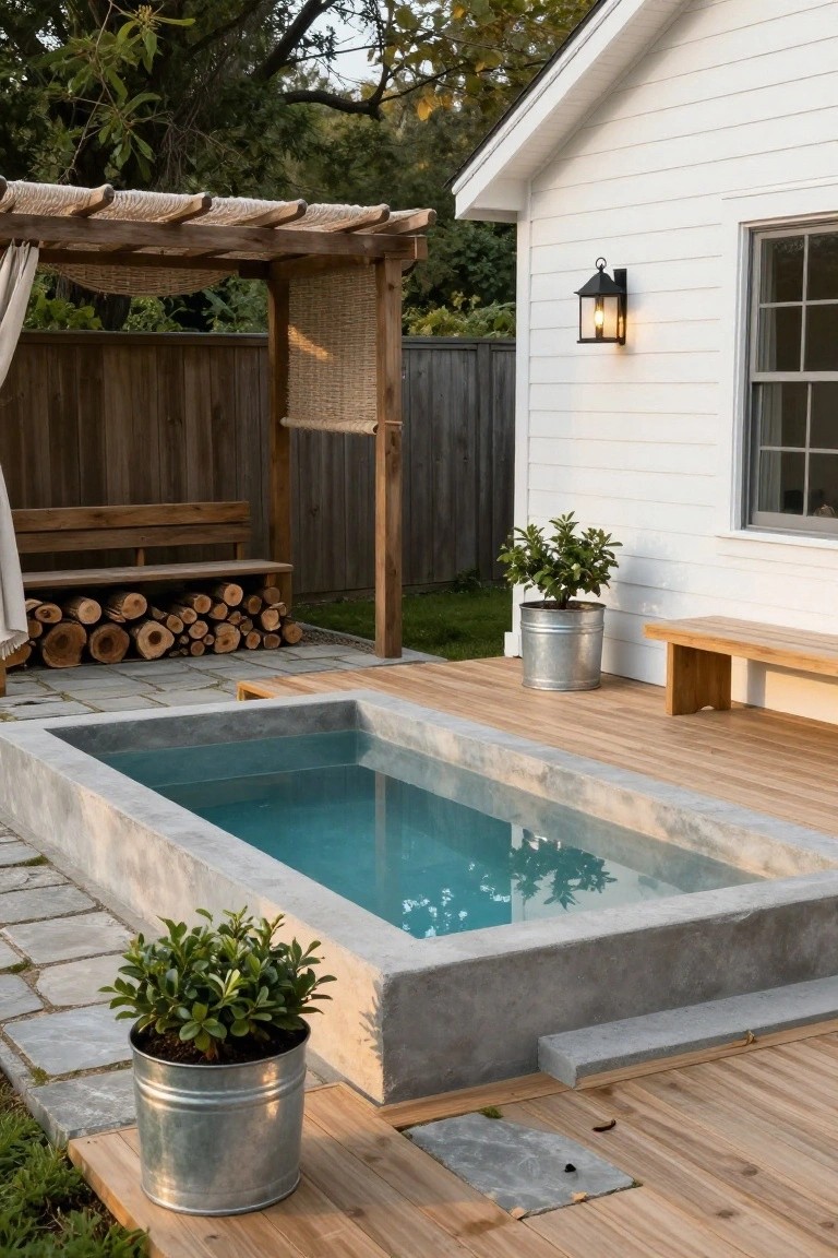 Rectangular concrete plunge pool with turquoise water embedded in a wooden deck next to a white house, with potted plants in metal buckets, benches, a pergola, and firewood stack nearby.
