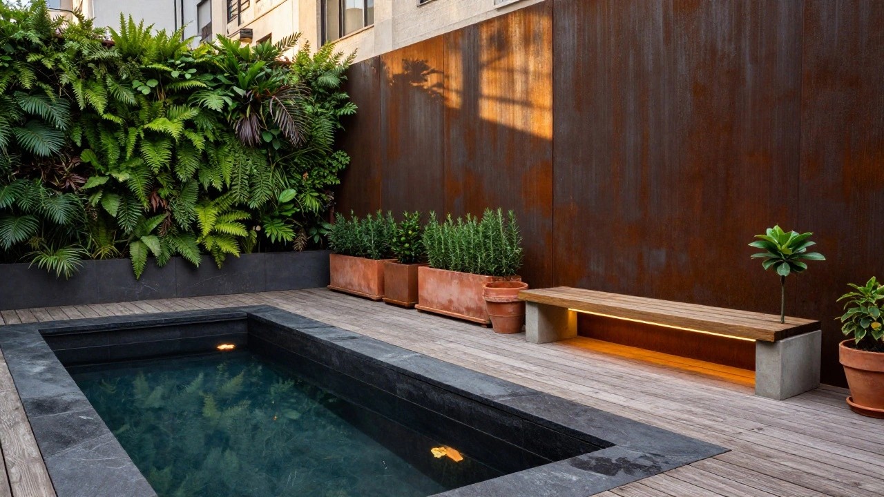 Small rectangular plunge pool with black stone edges on wooden decking, lined with terracotta pots of lemon trees and rosemary plants, wooden bench nearby, ferns on rusted metal wall.