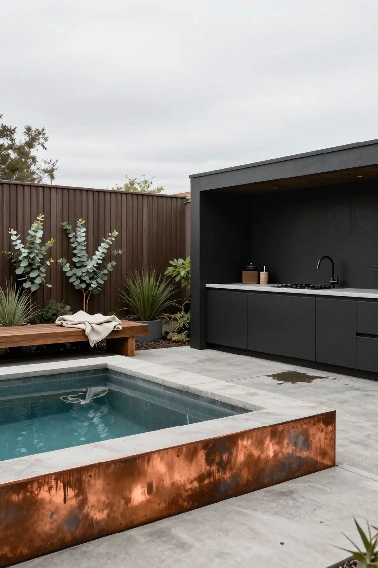 Small rectangular plunge pool with copper metal edging next to a black outdoor kitchen under a covered shelter, wooden bench with blanket, plants, and wooden fence in a paved yard.