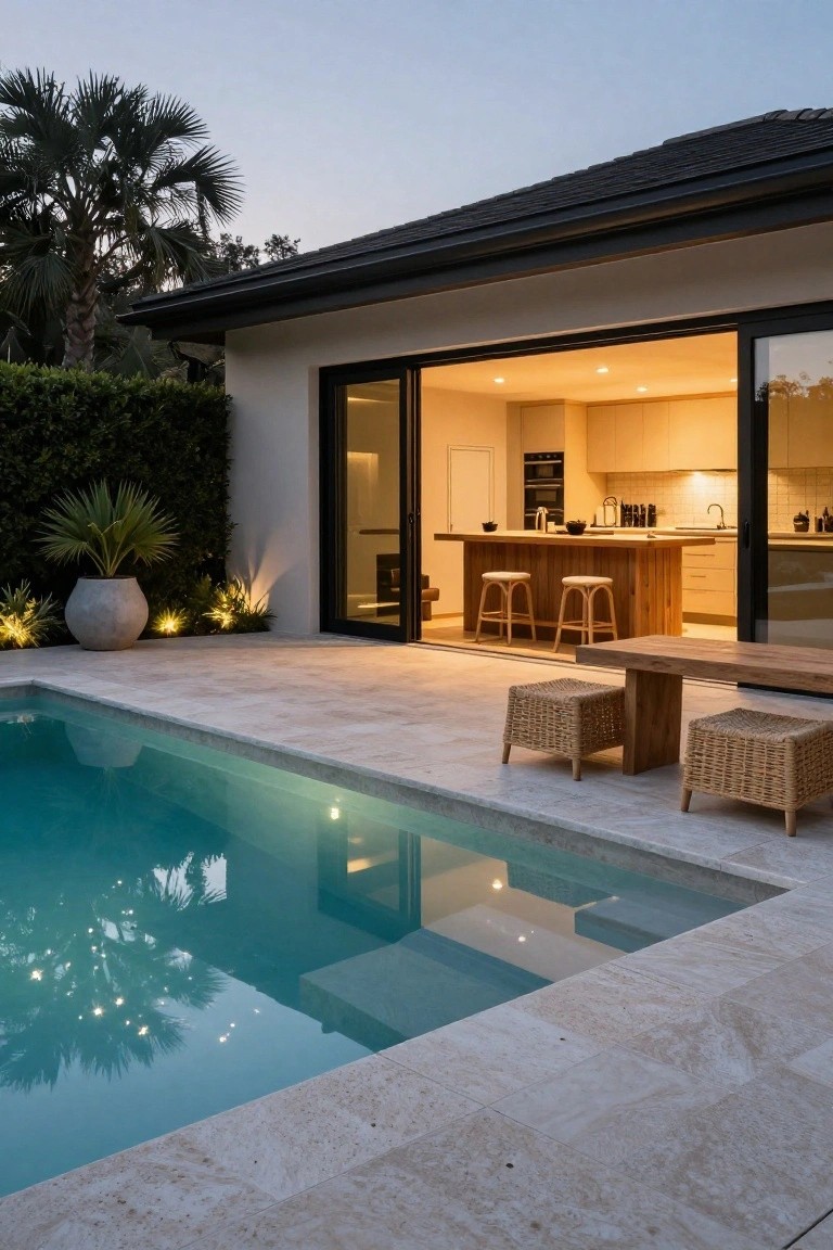 Modern house exterior at dusk with open black-framed sliding doors from a light wood kitchen island to a small rectangular turquoise plunge pool on light stone tiles, flanked by potted palms, hedges, and rattan seating.