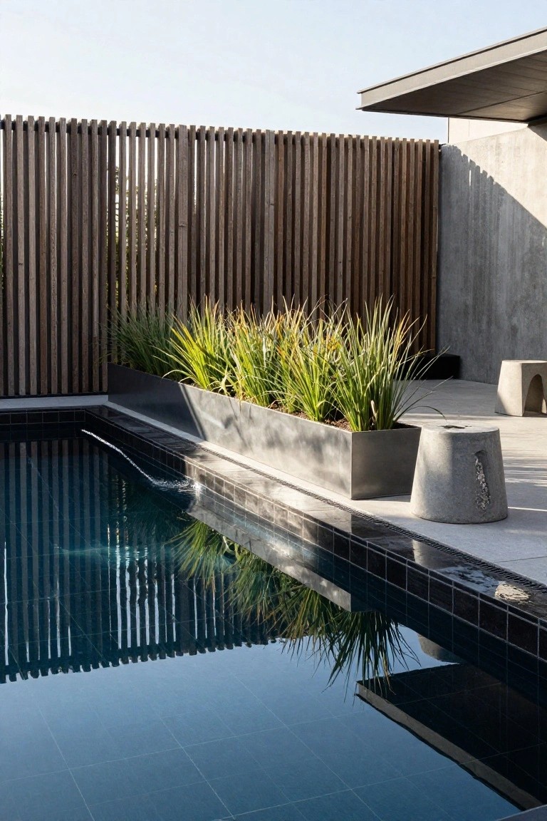 Small dark-tiled plunge pool in a corner, adjacent to a long rectangular metal planter box filled with tall ornamental grasses, slatted wooden fence in background, two concrete stools nearby, and pool decking.