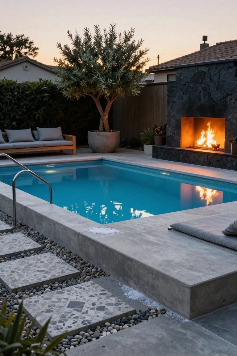 A rectangular turquoise plunge pool next to a black stone linear fireplace with active flames, on a concrete platform with pebble stepping stones, potted trees, and a bench in a fenced backyard at dusk.
