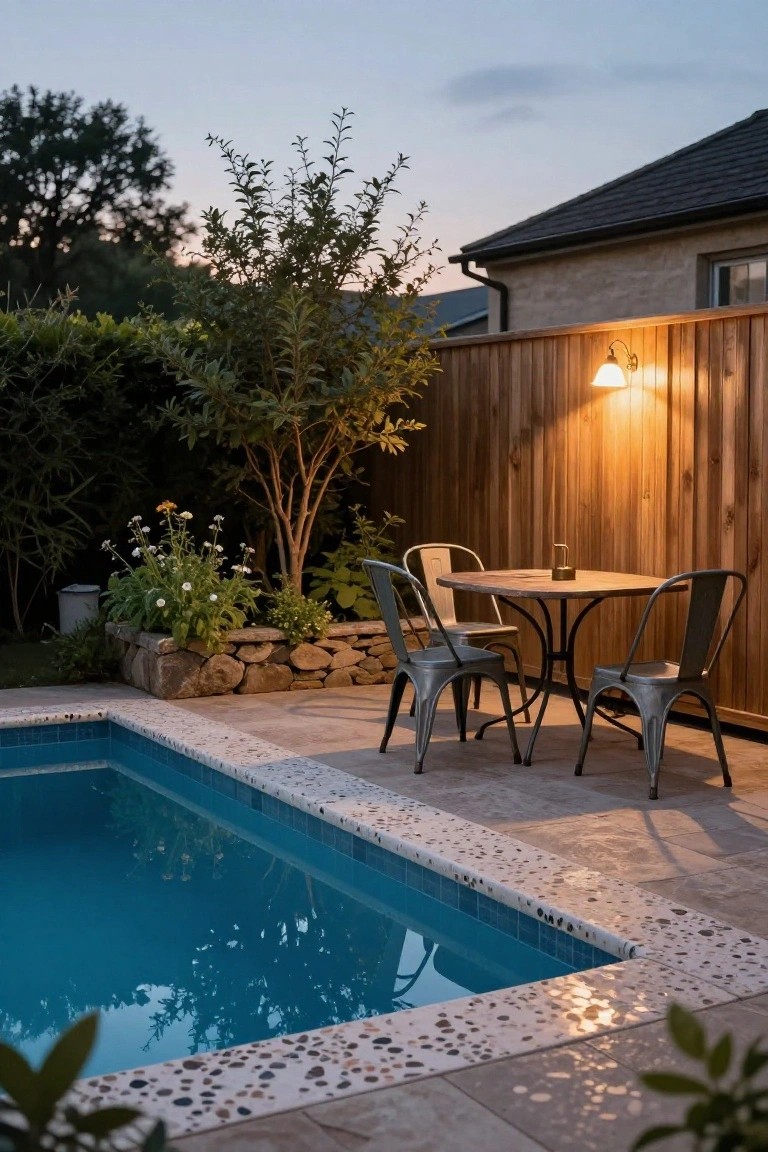Small turquoise plunge pool edged in terrazzo tiles next to a round wooden table with four gray metal chairs on a stone-tiled patio, surrounded by plants, a wooden fence with wall light, and stone retaining wall planters in a backyard at dusk.