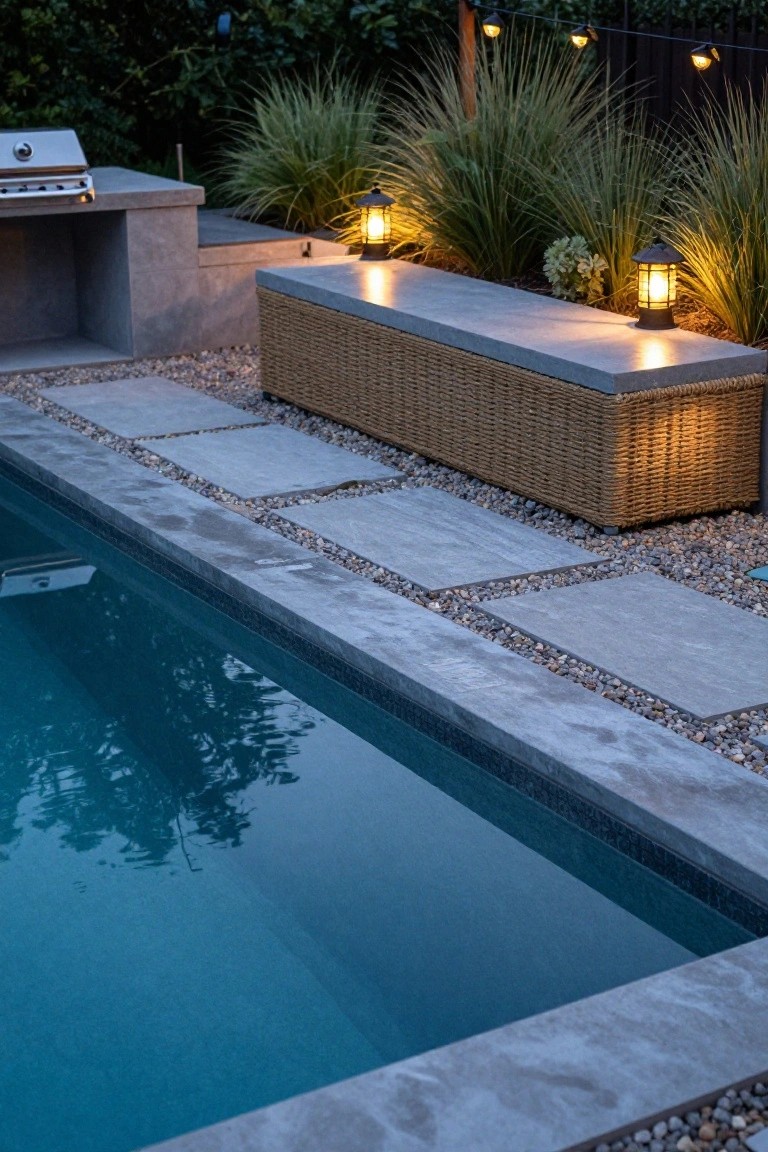 Gray concrete pool coping around a small rectangular plunge pool, with a built-in stainless steel BBQ grill on an adjacent concrete counter, a woven storage bench, pebble ground cover, stepping stone pavers, ornamental grasses, and lanterns.