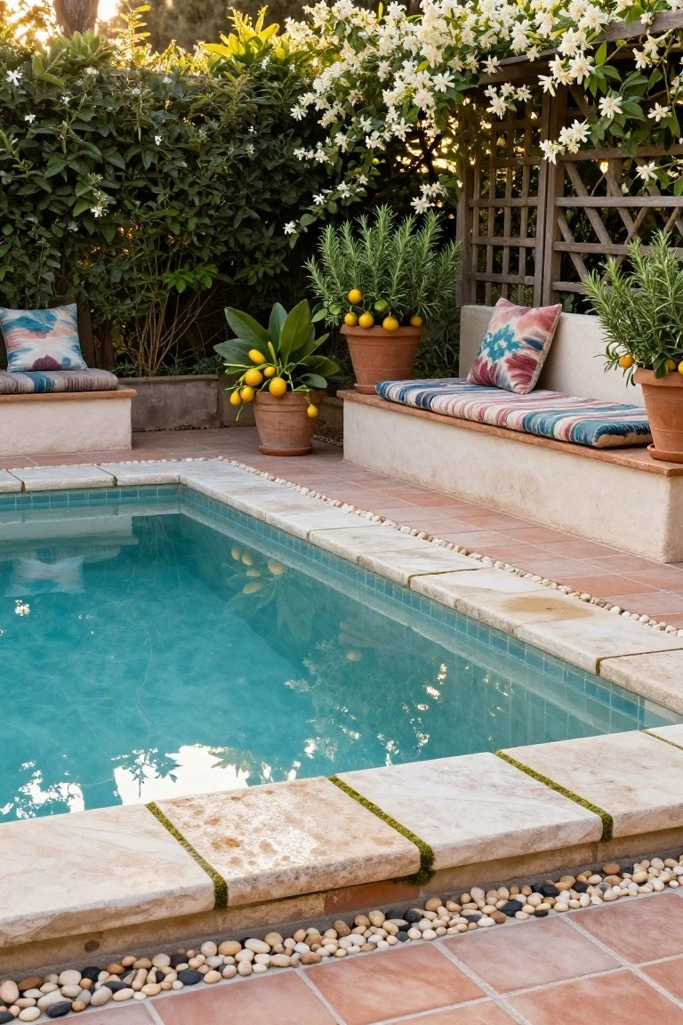 Small turquoise plunge pool with beige stone edging and built-in benches on two sides holding colorful patterned cushions, surrounded by terracotta pots of lemons and rosemary plants, white jasmine vines on a wooden trellis against a green hedge.