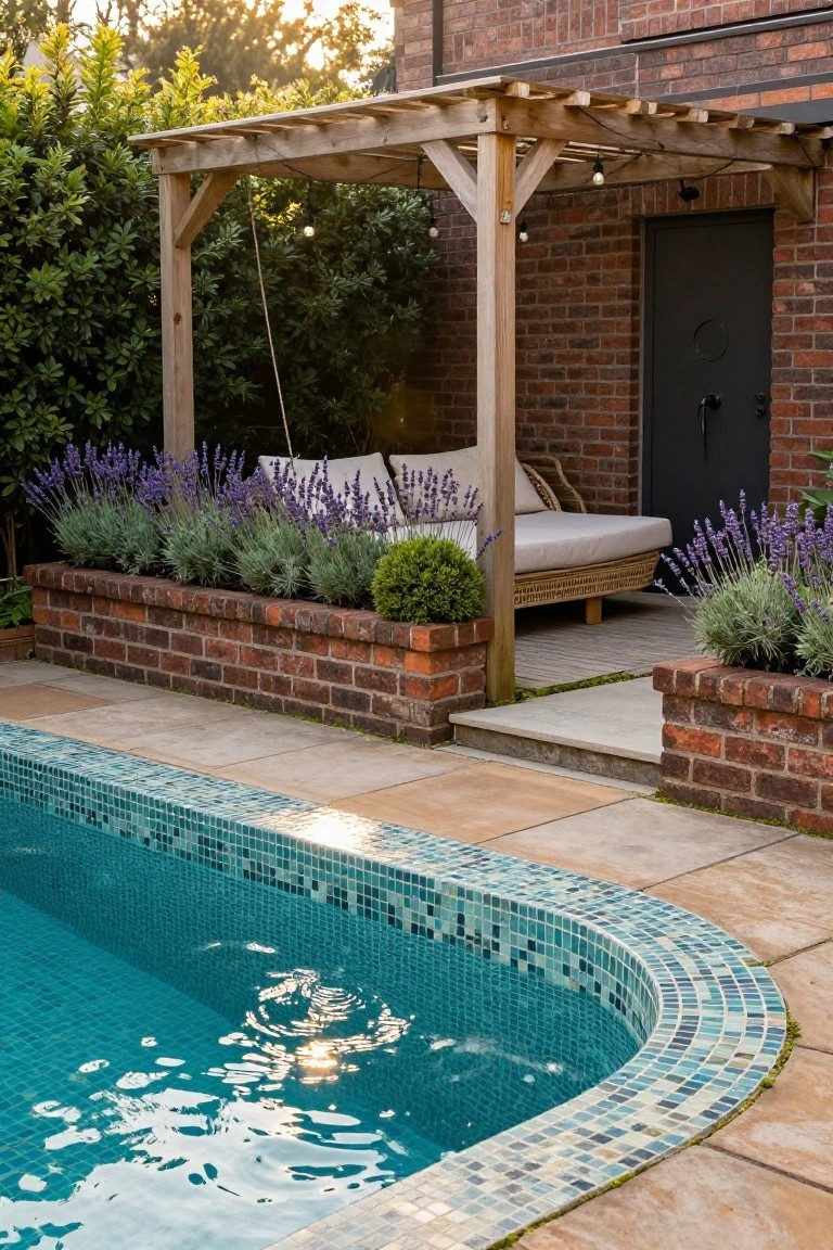 Small turquoise mosaic-tiled plunge pool next to a wooden pergola with string lights and hanging cushioned daybed swing, flanked by brick planters filled with lavender plants against a brick wall.