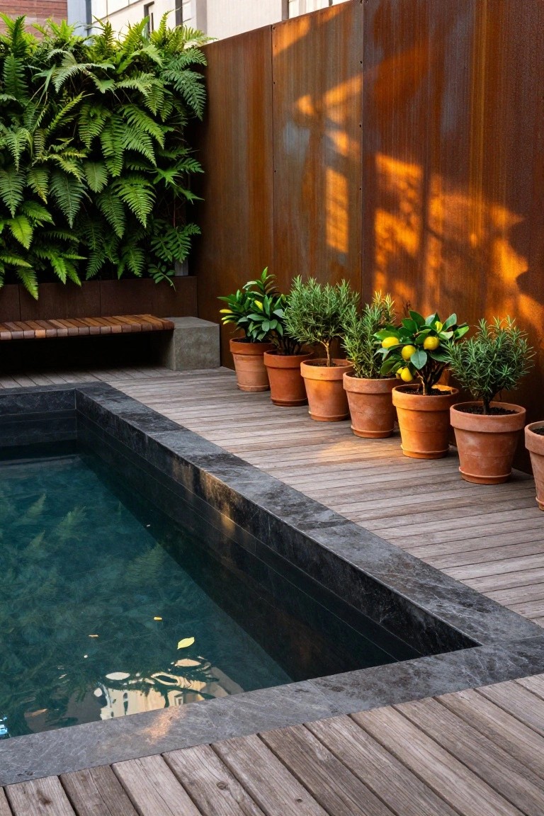 Small rectangular plunge pool with black stone edges on wooden decking, lined with terracotta pots of lemon trees and rosemary plants, wooden bench nearby, ferns on rusted metal wall.