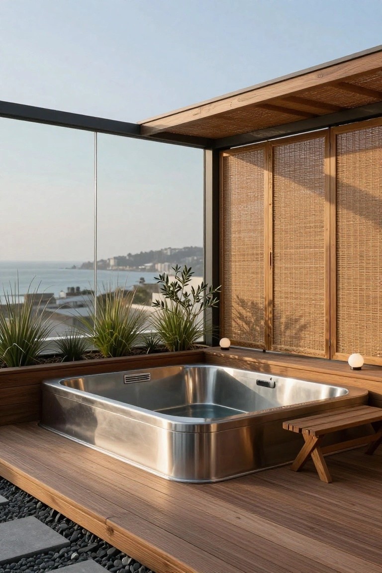 Rectangular stainless steel plunge pool embedded in a wooden deck on a rooftop terrace, with bamboo privacy screens, potted plants, lanterns, a small bench, and ocean view in the background.