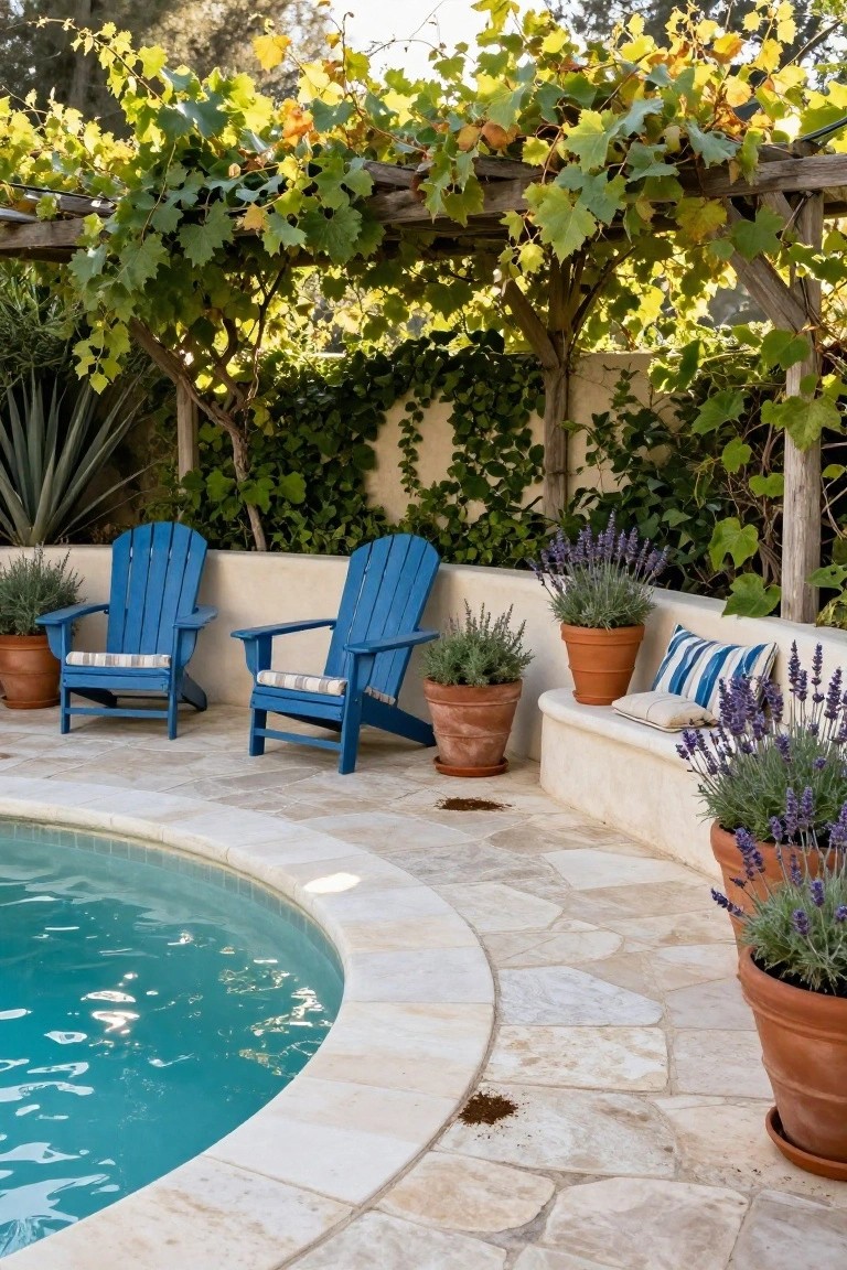 Two blue Adirondack chairs with cushions under a vine-covered wooden pergola beside a small curved turquoise plunge pool, with potted lavender plants on beige stone paving.