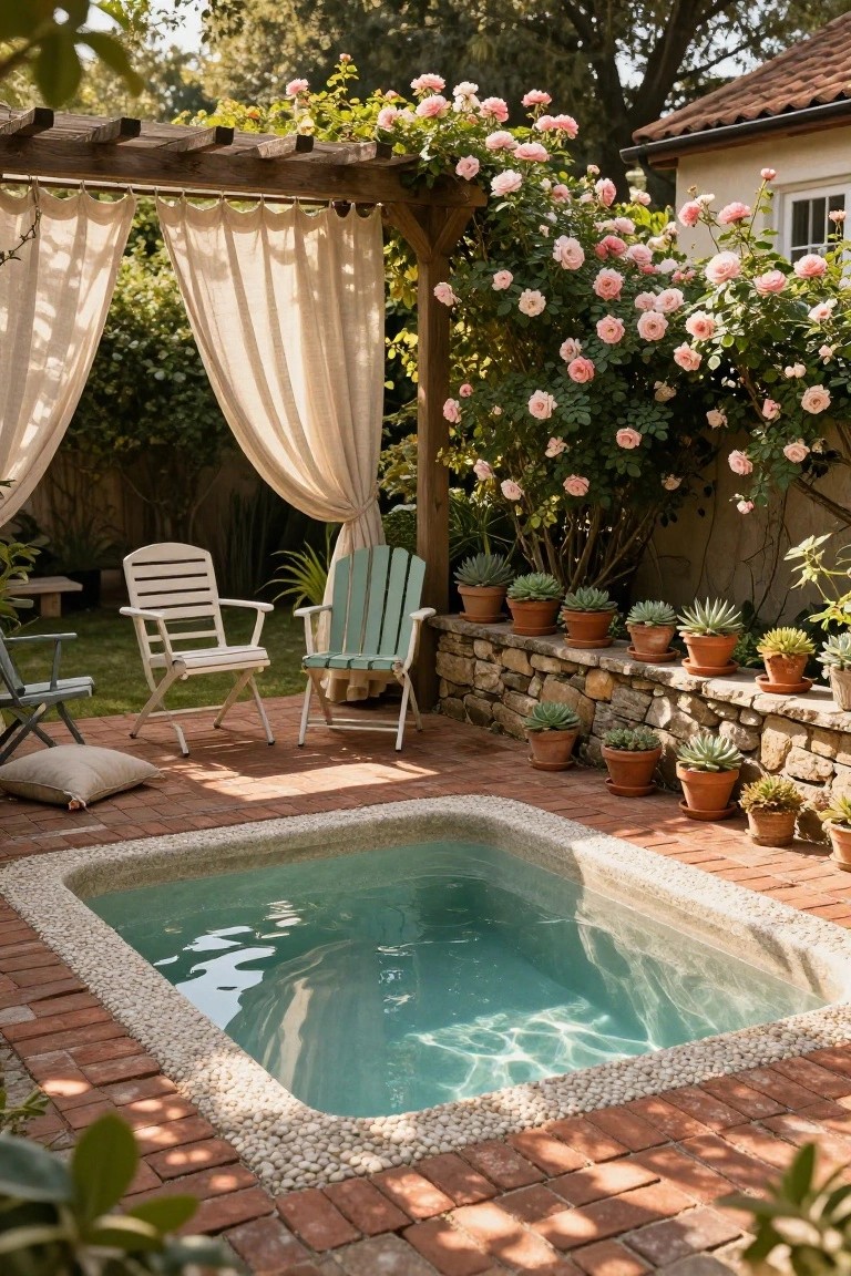 Small turquoise plunge pool with pebble and tile edging in a brick-paved backyard patio, flanked by white and teal Adirondack chairs, potted succulents on a stone wall, and a wooden pergola covered in pink climbing roses with sheer curtains.