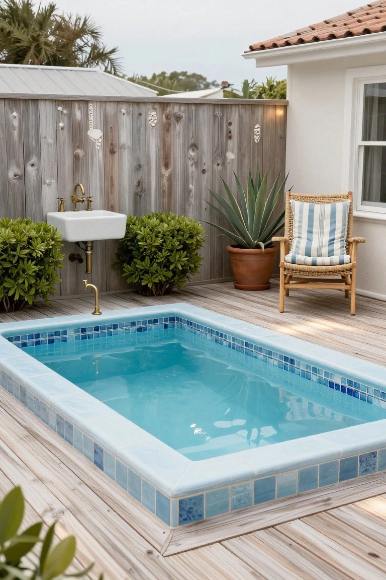 Small rectangular plunge pool with blue mosaic tiles integrated into a wooden deck, next to an outdoor sink, potted plants including agave and boxwood, and a striped wicker chair.