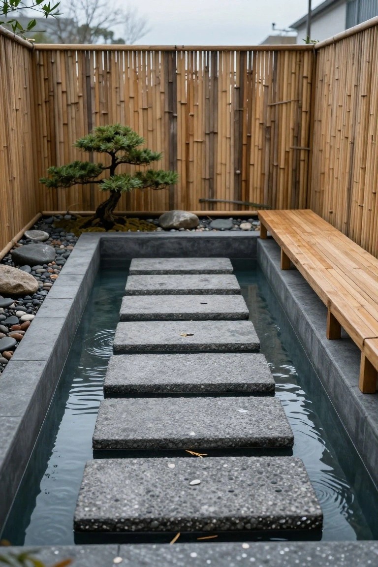 Narrow rectangular plunge pool with large gray concrete stepping stones placed across the water surface, surrounded by bamboo fencing, rocks, moss, a bonsai tree, and a wooden bench in a small enclosed yard.