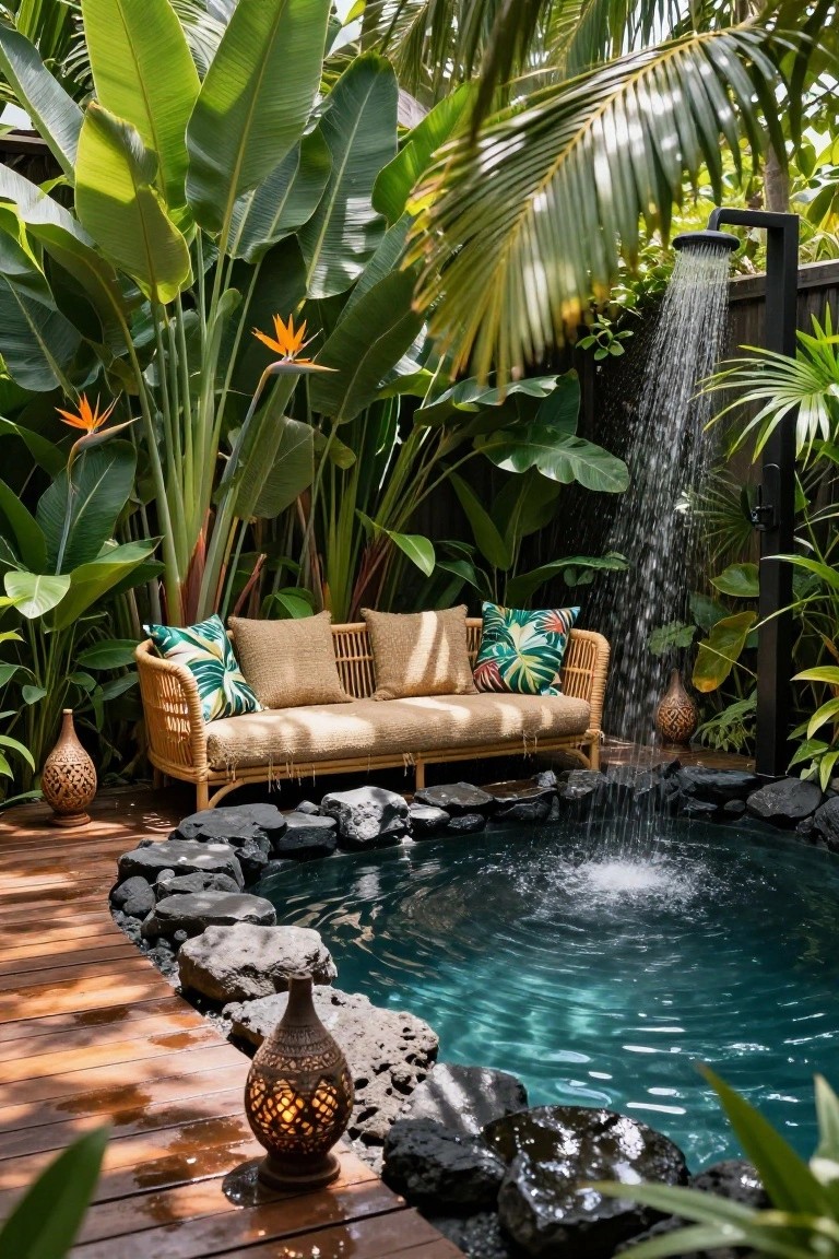 Small turquoise plunge pool with black rock edging in a lush tropical garden setting, adjacent to a rattan sofa with green pillows and an outdoor shower.
