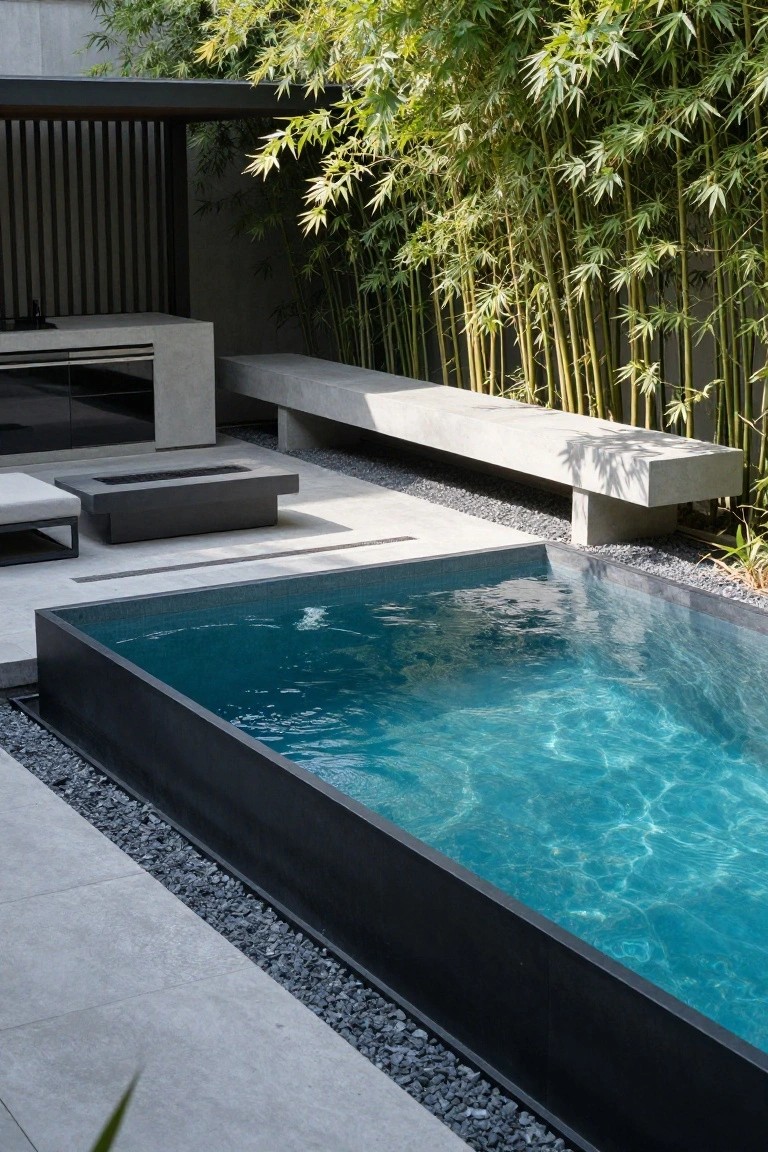 Rectangular pool with black concrete edging and clear turquoise water in a minimalist outdoor patio area, including a black fire table, gray concrete bench, pebble ground cover, and tall bamboo plants.