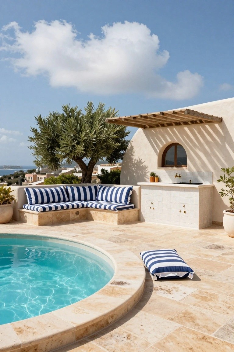 Rooftop pool area with curved built-in bench seating in blue-and-white striped cushions, outdoor tiled sink counter, potted plants, olive tree, and distant sea view.