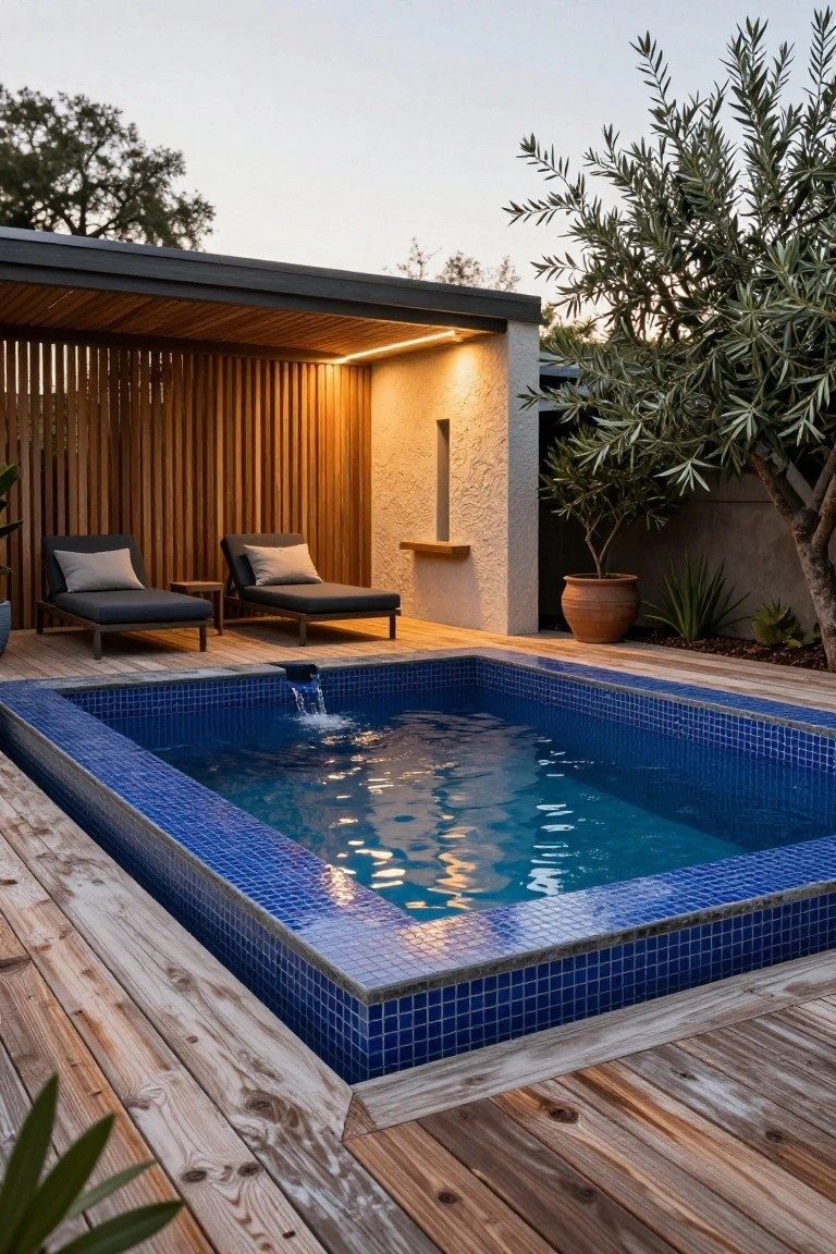 Small rectangular blue mosaic-tiled plunge pool with waterfall feature on a wooden deck surrounded by slatted pergola, two gray loungers with cushions, potted plants, olive tree, and terracotta pot at dusk.