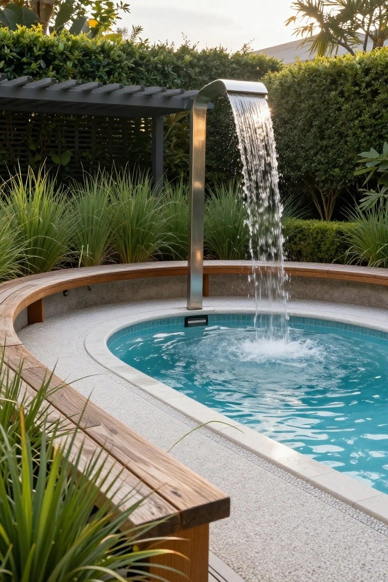 Small oval turquoise pool with water cascading from a tall curved stainless steel spout on a central pole, surrounded by curved wooden bench seating, pebble edging, lush tropical plants, and a pergola structure.