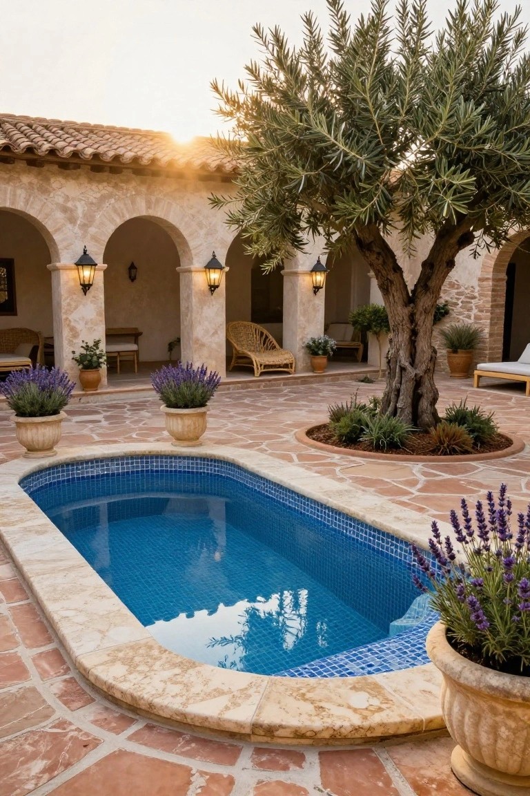 Oval blue mosaic-tiled plunge pool in a terracotta-paved courtyard with stucco arches, lavender plants in pots, a central olive tree, and lounge chairs nearby at sunset.