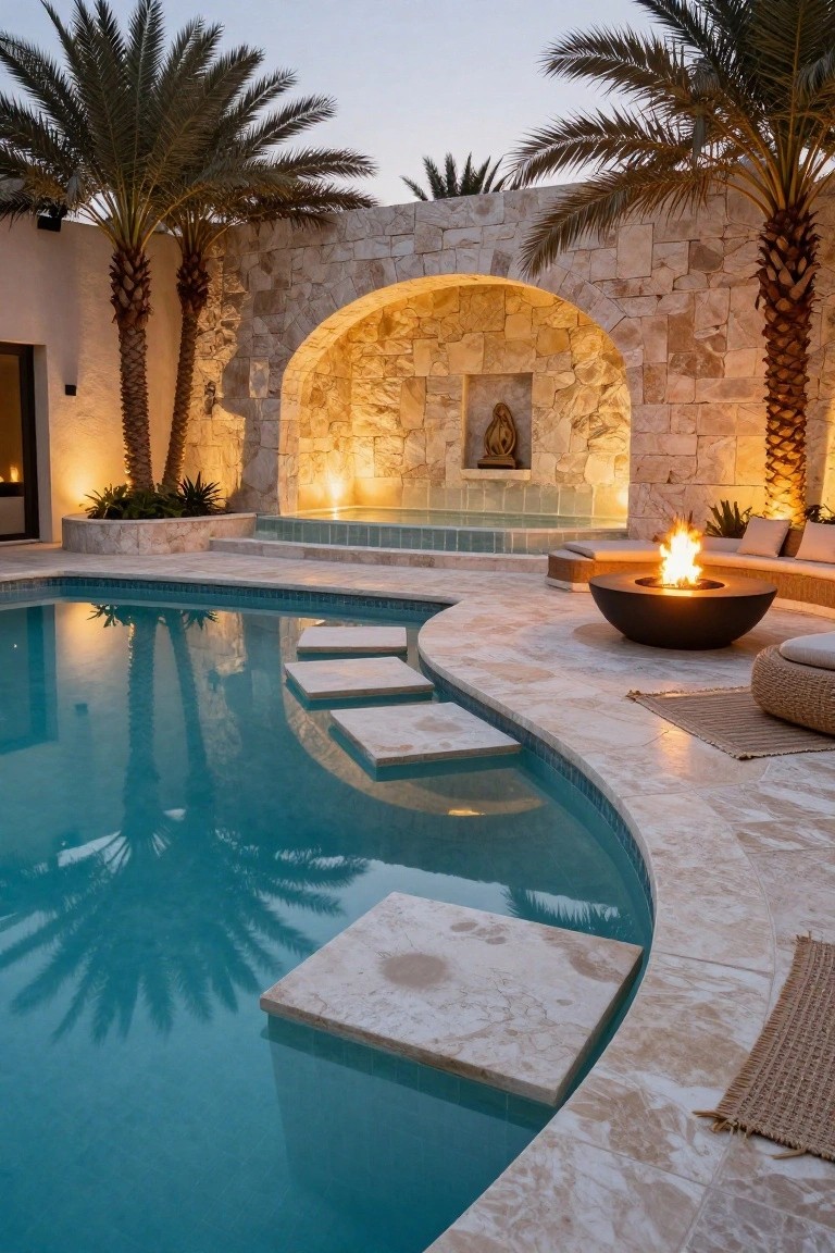 Curved blue swimming pool with protruding stone steps into the water, adjacent turquoise spa spillover, palm trees, stone arch wall with Buddha statue, fire pit with seating, and outdoor cushions at dusk.