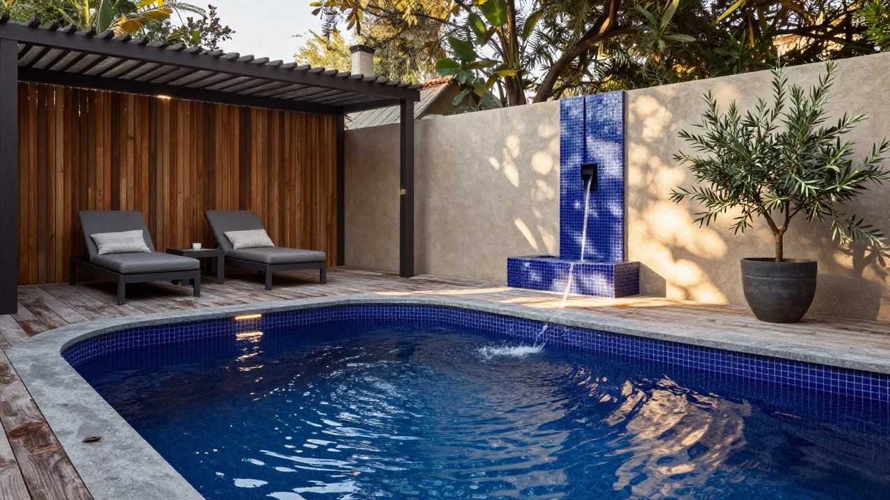 Small rectangular blue mosaic-tiled plunge pool with waterfall feature on a wooden deck surrounded by slatted pergola, two gray loungers with cushions, potted plants, olive tree, and terracotta pot at dusk.