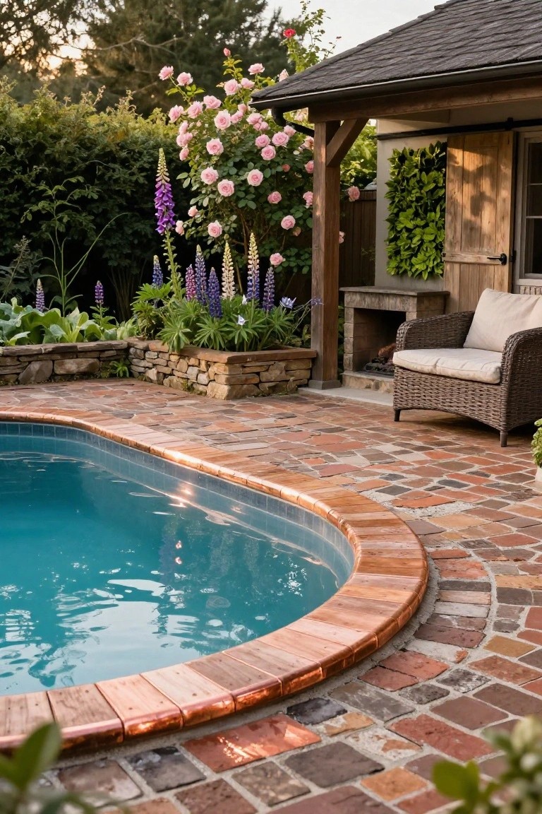 Curved turquoise pool with copper-edged rim on brick pavers, next to rustic wooden pool house with open doors, stone fireplace, wicker lounge chair, and garden plantings including roses and foxgloves.