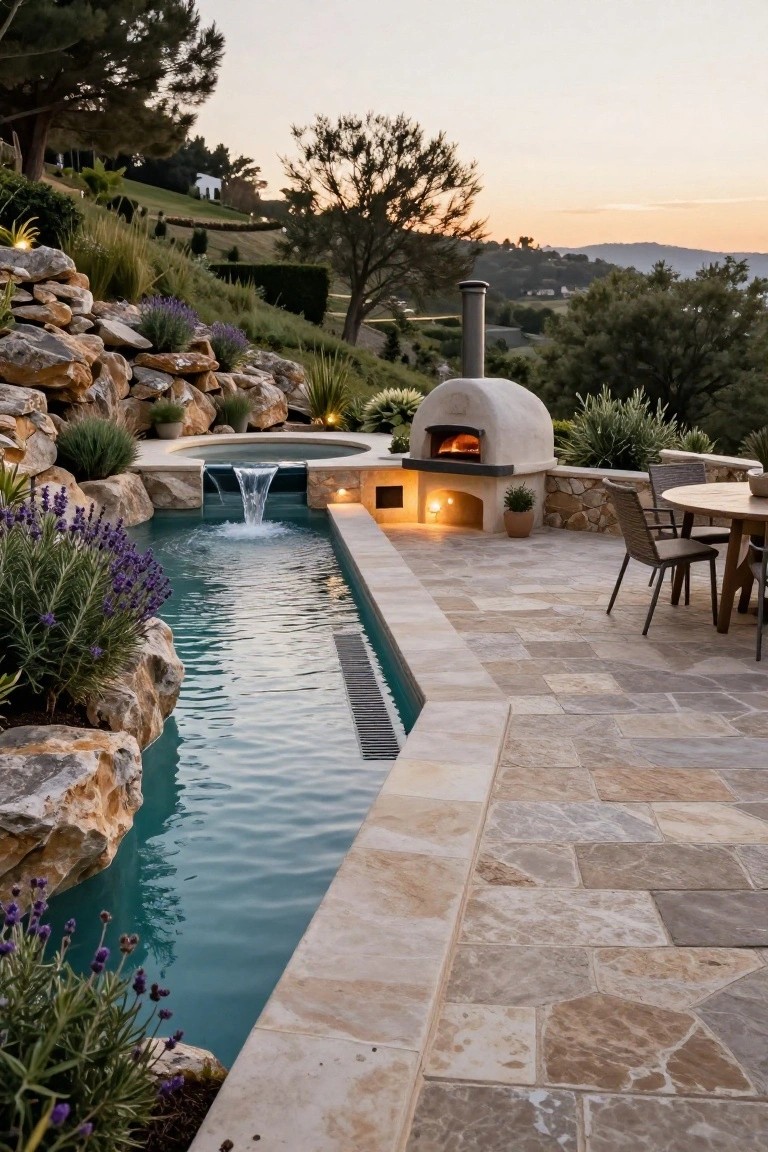 Narrow turquoise lap pool on a beige stone terrace with a circular spa at one end featuring a waterfall flowing into the pool, wood-fired pizza oven adjacent, outdoor dining table with wicker chairs, surrounded by rocks, lavender plants, and hillside landscaping at sunset.