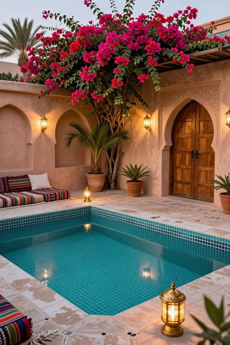 Small turquoise-tiled plunge pool in a Moroccan-style outdoor courtyard with low floor cushions in colorful patterns, potted plants, a palm tree, cascading pink bougainvillea over walls, arched wooden door, and lit lanterns.
