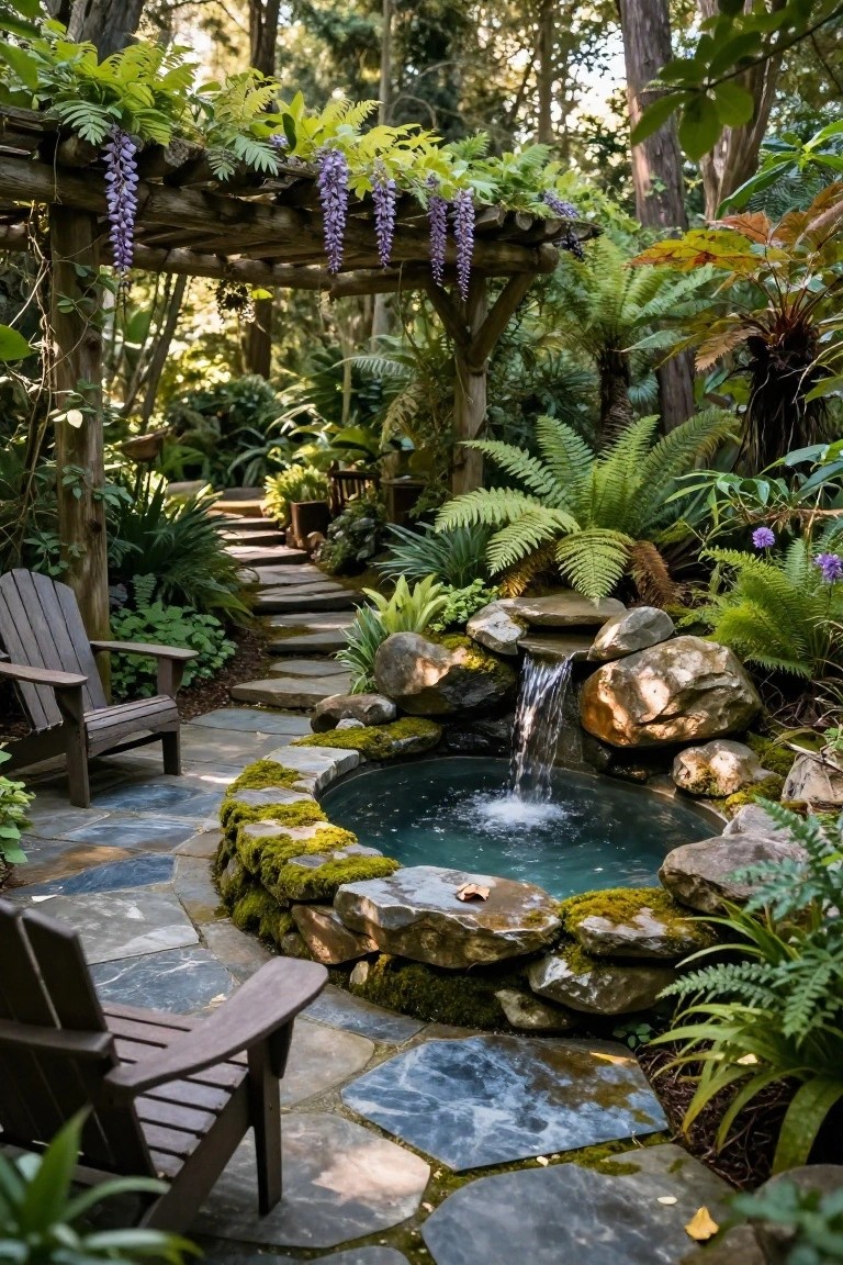 Small turquoise spa pool surrounded by mossy stacked rocks with a trickling waterfall, flanked by wooden Adirondack chairs on slate stone pavers, in a lush fern-filled garden under a wisteria arbor.