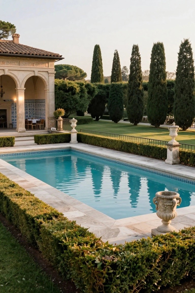 Pool Framed by Boxwood Hedges