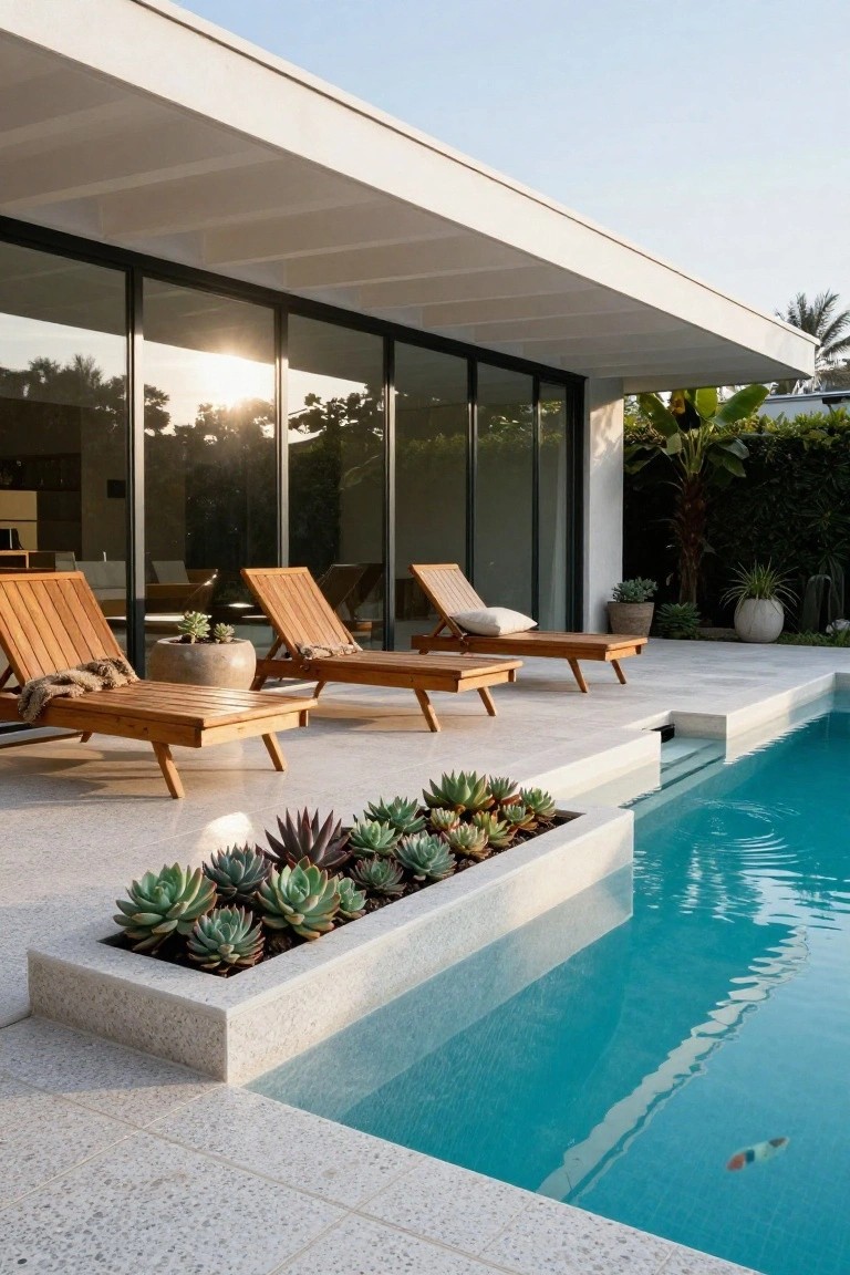 White modern terrace with teak loungers, built-in rectangular planter box of succulents along the edge of a turquoise infinity pool, large glass walls of house in background, potted plants and palm trees nearby.