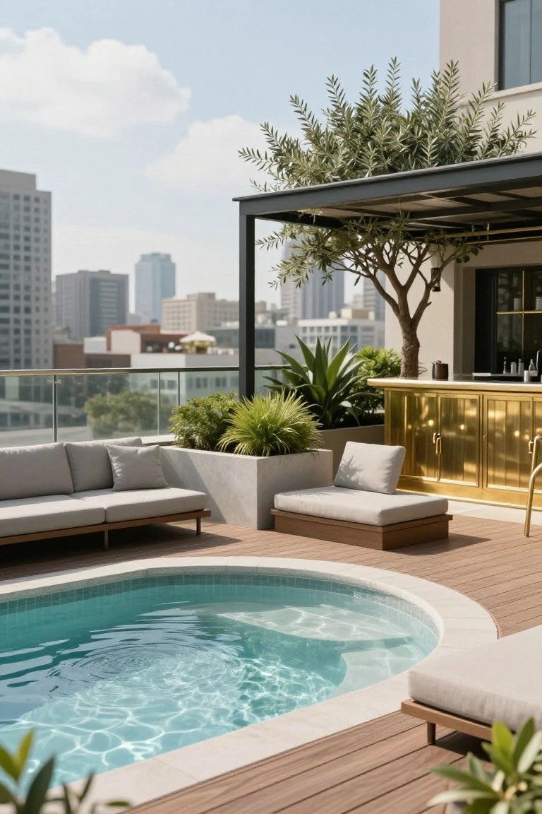 Rooftop terrace with small oval turquoise pool, wooden deck, beige modular lounge seating, potted plants, olive tree under metal pergola, gold bar counter, and city skyline in background.
