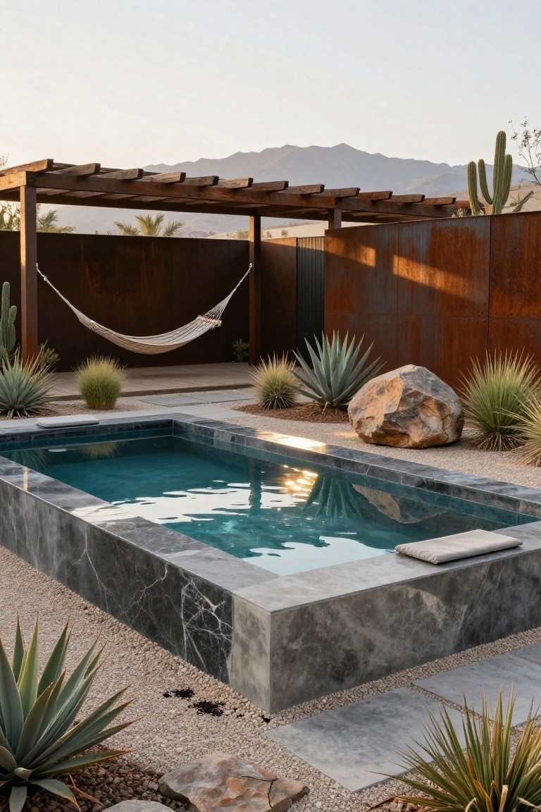 Small rectangular pool with dark veined marble edges and turquoise water, surrounded by gravel ground cover, agave plants, large boulders, a hammock under a wooden pergola, and a rusty metal fence against desert mountains.