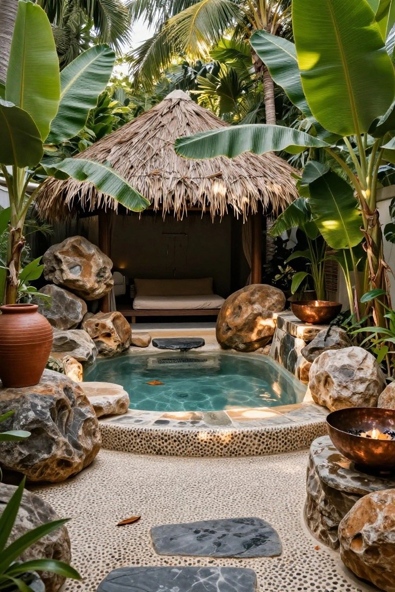Small turquoise spa pool surrounded by large irregular boulders, with a thatched roof pavilion containing a bed in the background, lush tropical plants, terracotta pots, pebble paths, and stone stepping pads.